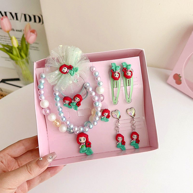 Generic Kids Jewelry Set Princess Necklace Earrings Ring Gift Box F8129-1# mermaid nine-piece boxed