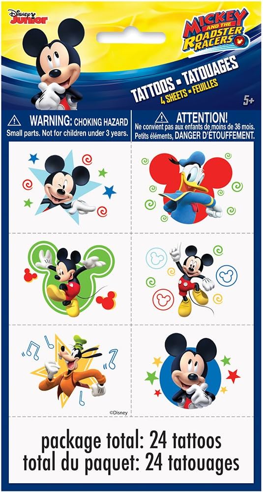 Unique 59865 Disney Mickey Roadster Color Tattoo Sheets, 24ct, One Size, Multicolor