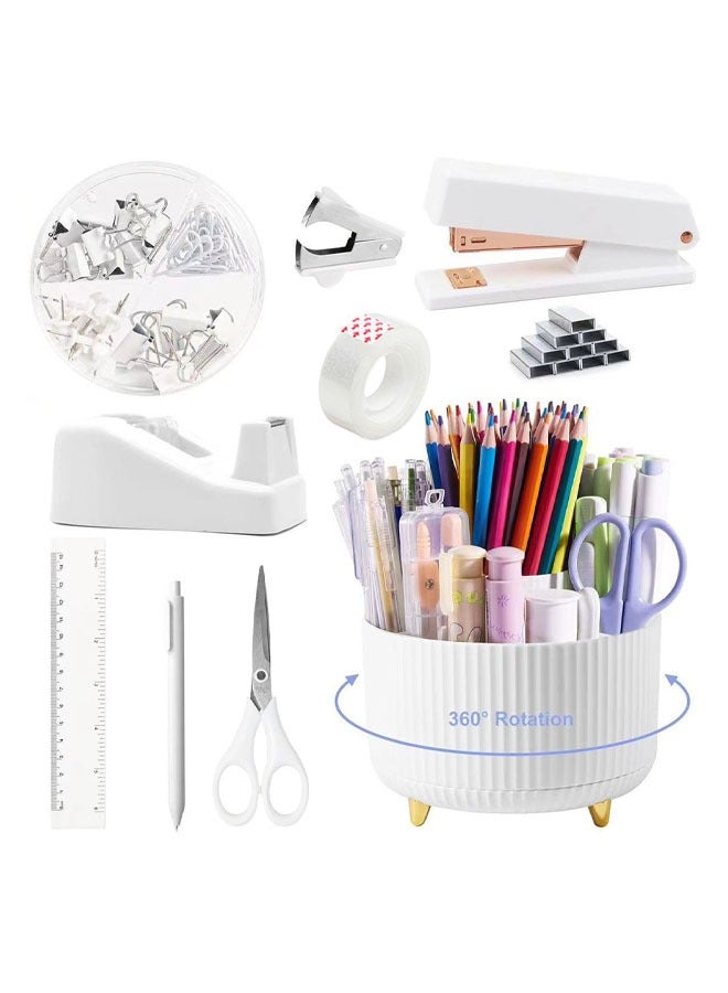 Hihonor Packaging List 1xPencil Holder 1xTape Dispenser 1xStapler 1xStaple Remover 1xBallpoint Pen 1xScissor 1x4-Grid Clip Set(with 40 paper clips, 3 large binder clips, 5 small binder binders, 25 thumbtacks) 1xRuler 1xTape 1000xStaples  - Image 1