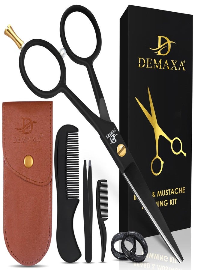 DEMAXA 5" Professional Mustache Scissors Beard Scissors for Men with Fine tip Tweezers 1 Mustache Comb 1 Beard Comb & Pouch – Beard Trimming kit & Mustache Kit (Black Shears With Tweezer) - Image 1