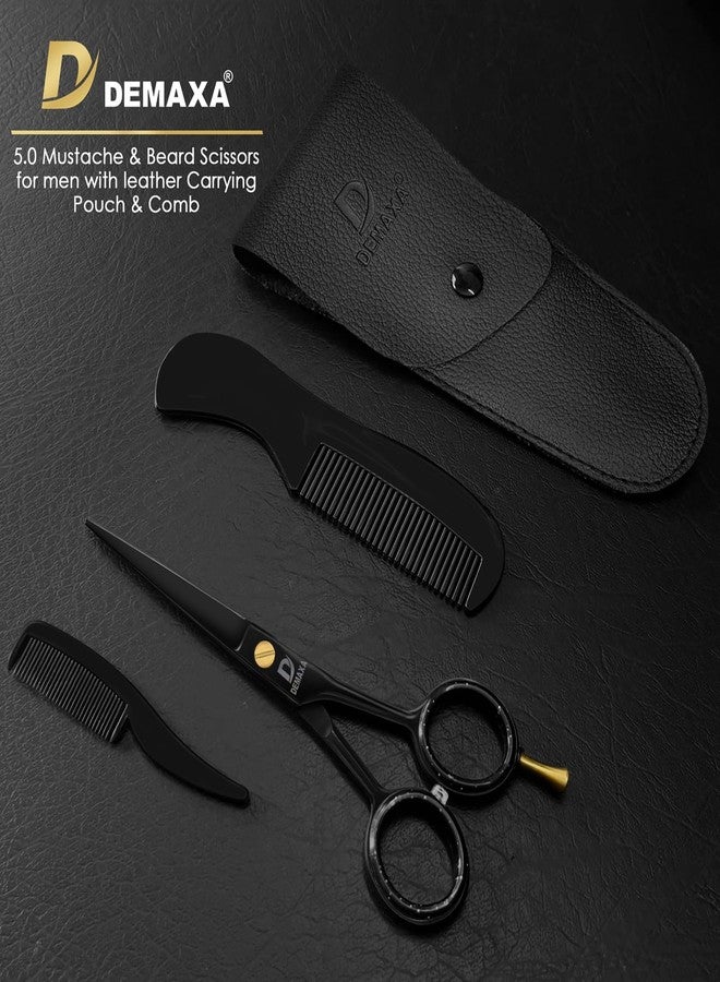 DEMAXA 5" Professional Mustache Scissors Beard Scissors for Men with Fine tip Tweezers 1 Mustache Comb 1 Beard Comb & Pouch – Beard Trimming kit & Mustache Kit (Black Shears With Tweezer) - Image 2