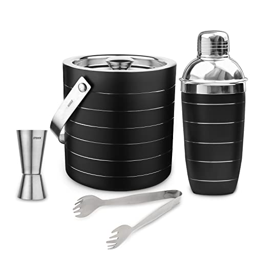 STEREN IMPEX Pack Of 4 Piece Black Ring Bar Set For Drink/Gift, Double Wall - Ice Bucket With Tong, Peg Measurer & Cocktail Shaker - Image 1