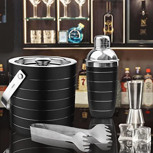 STEREN IMPEX Pack Of 4 Piece Black Ring Bar Set For Drink/Gift, Double Wall - Ice Bucket With Tong, Peg Measurer & Cocktail Shaker - Image 2