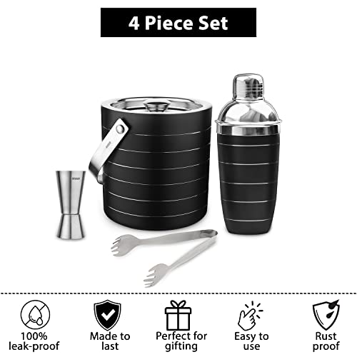 STEREN IMPEX Pack Of 4 Piece Black Ring Bar Set For Drink/Gift, Double Wall - Ice Bucket With Tong, Peg Measurer & Cocktail Shaker - Image 5