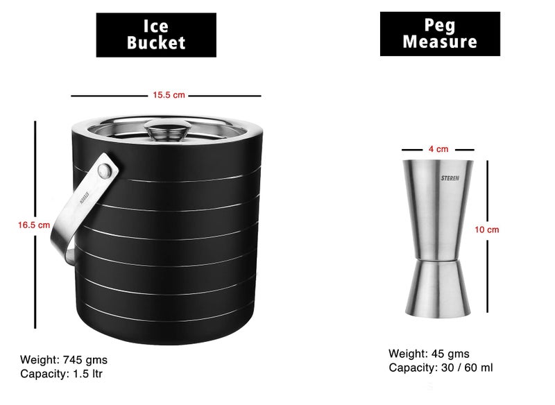 STEREN IMPEX Pack Of 4 Piece Black Ring Bar Set For Drink/Gift, Double Wall - Ice Bucket With Tong, Peg Measurer & Cocktail Shaker - Image 3