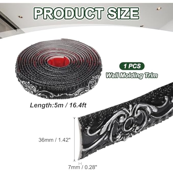 FLEXIBLE WALL TRIM 1.4" 16.4 FEET SELF ADHESIVE DIY PEEL AND STICK WALL MOLDING TRIM FLEXIBLE CAULK STRIP FOR CEILING CABINET MIRROR HOME DECOR, BLACK SILVER - Image 3