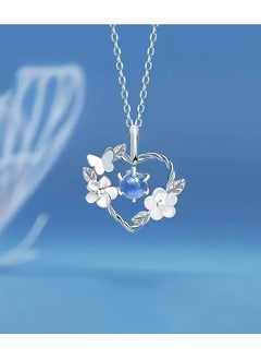 1pc, Elegant & Simply Style, Silvery Heart Shape With Butterfly And Flower Pendant Necklace, Inlaid Shiny Faux Diamond Necklace For Daily Wear & Party, Perfect Gift For Ladies