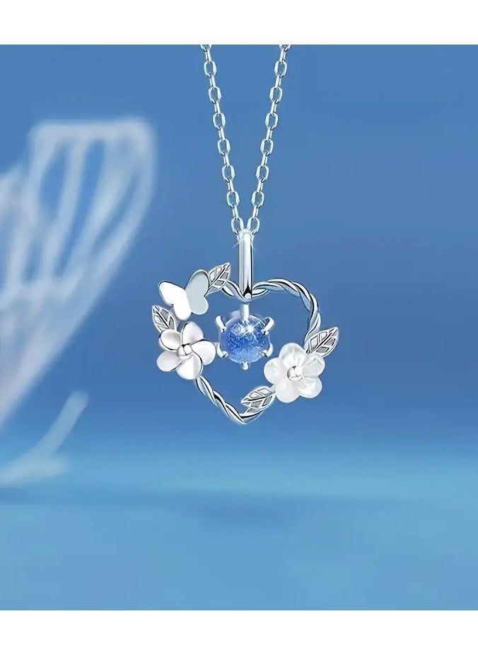 Home Clearance Sale - 1pc, Elegant & Simply Style, Silvery Heart Shape With Butterfly And Flower Pendant Necklace, Inlaid Shiny Faux Diamond Necklace For Daily Wear & Party, Perfect Gift For Ladies - Image 1