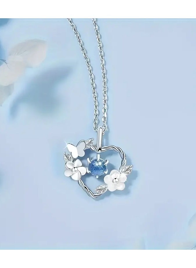 Home Clearance Sale - 1pc, Elegant & Simply Style, Silvery Heart Shape With Butterfly And Flower Pendant Necklace, Inlaid Shiny Faux Diamond Necklace For Daily Wear & Party, Perfect Gift For Ladies - Image 1