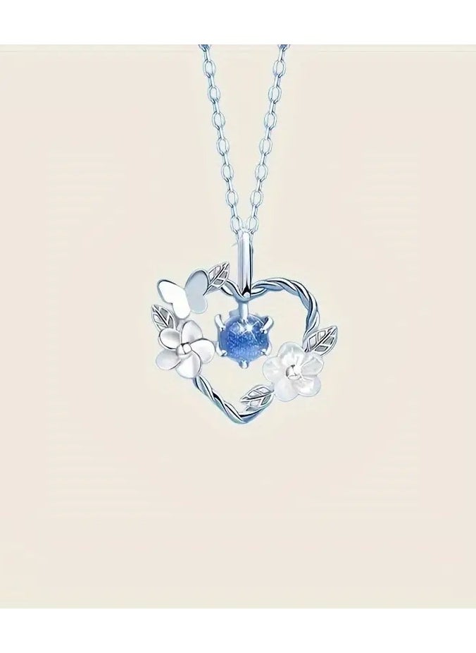 Home Clearance Sale - 1pc, Elegant & Simply Style, Silvery Heart Shape With Butterfly And Flower Pendant Necklace, Inlaid Shiny Faux Diamond Necklace For Daily Wear & Party, Perfect Gift For Ladies - Image 1