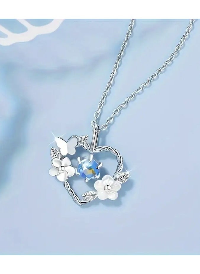 Home Clearance Sale - 1pc, Elegant & Simply Style, Silvery Heart Shape With Butterfly And Flower Pendant Necklace, Inlaid Shiny Faux Diamond Necklace For Daily Wear & Party, Perfect Gift For Ladies - Image 1