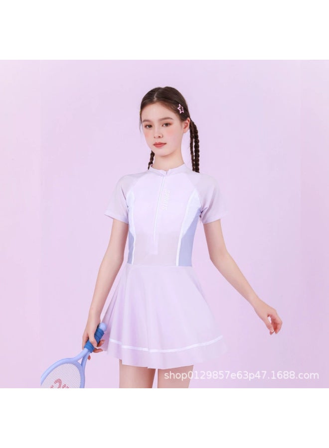 Generic Children's Swimsuit Big Kids Printed Quick-drying Slim-fit Sports Girl's Beach Hot Spring Student Swimsuit-Color:201 Purple-Size:2xl (125-135cm) 27.5-32.5kg - Image 1
