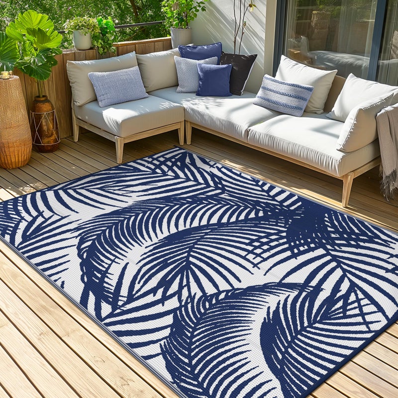 GENIMO Outdoor Rug 6' x 9' Waterproof for Patio Clearance, Reversible Plastic Straw Camping Carpet, Lightweight Mats for Rv, Backyard, Deck, Porch, Picnic, Beach, Balcony, Blue & White - Image 2