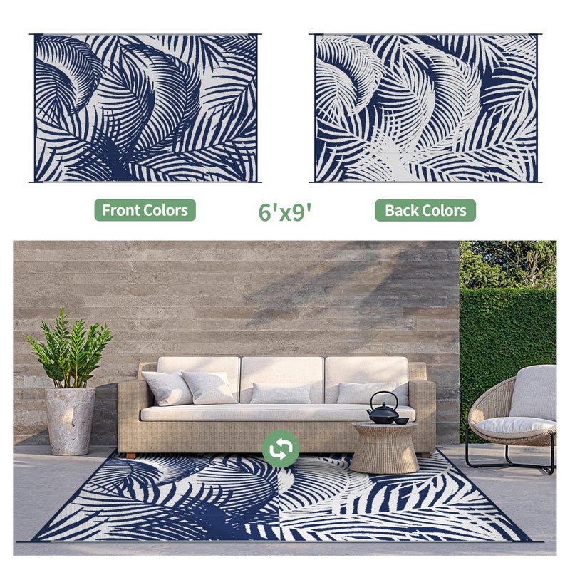 GENIMO Outdoor Rug 6' x 9' Waterproof for Patio Clearance, Reversible Plastic Straw Camping Carpet, Lightweight Mats for Rv, Backyard, Deck, Porch, Picnic, Beach, Balcony, Blue & White - Image 3