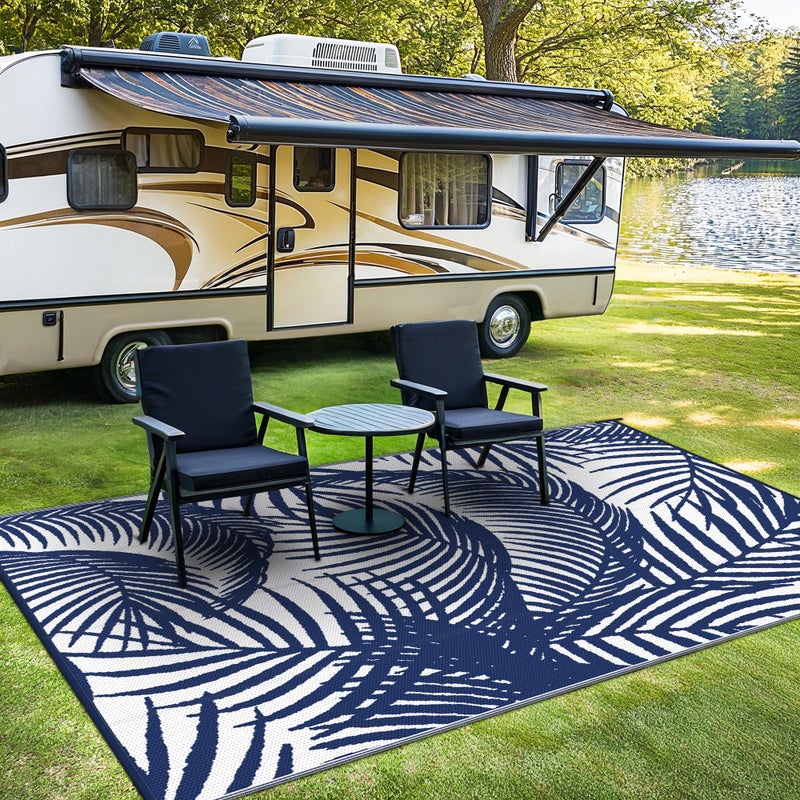 GENIMO Outdoor Rug 6' x 9' Waterproof for Patio Clearance, Reversible Plastic Straw Camping Carpet, Lightweight Mats for Rv, Backyard, Deck, Porch, Picnic, Beach, Balcony, Blue & White - Image 4