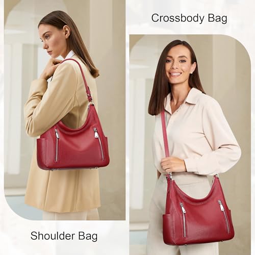 Over Earth Genuine Leather Purses for Women Medium Hobo Bag Lady Crossbody Handbags with 2 Detachable Straps(O150E UG Wine Red) - Image 2