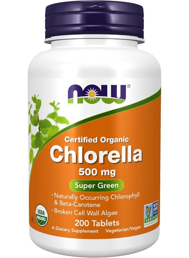 Now Supplements, Organic Chlorella 500 Mg With Naturally Occurring Chlorophyll, Betacarotene, Mixed Carotenoids, Vitamin C, Iron 200 Tablets - Image 1