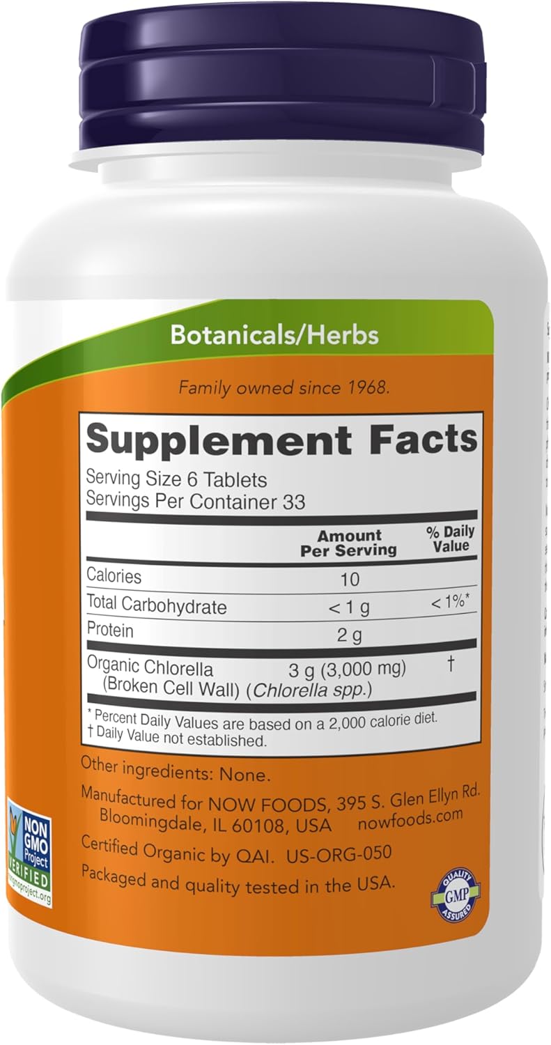 Now Supplements, Organic Chlorella 500 Mg With Naturally Occurring Chlorophyll, Betacarotene, Mixed Carotenoids, Vitamin C, Iron 200 Tablets - Image 2