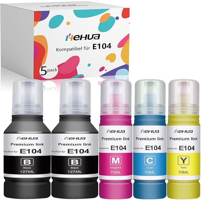 hehua 104 Printer Cartridges Compatible with 104 Ink Cartridges Multipack for EcoTank ET-2720 ET-2710 ET-2714 ET-2715 ET-2721 ET-2726 ET-2711 ET-2712 ET-4700 (2 Black, 1 Cyan, 1 1 1