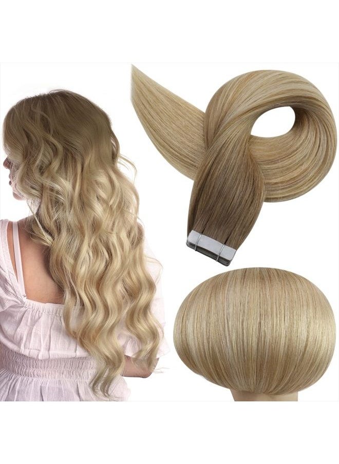 Full Shine Tape in Human Hair 6/27/60 Tape in Hair Extensions Real Human Hair Ombre Hair Extensions Tape in Balayage Remy Hair Glue on Hair Extensions forWomen 22 Inch 50 Gram 20pcs  - Image 1