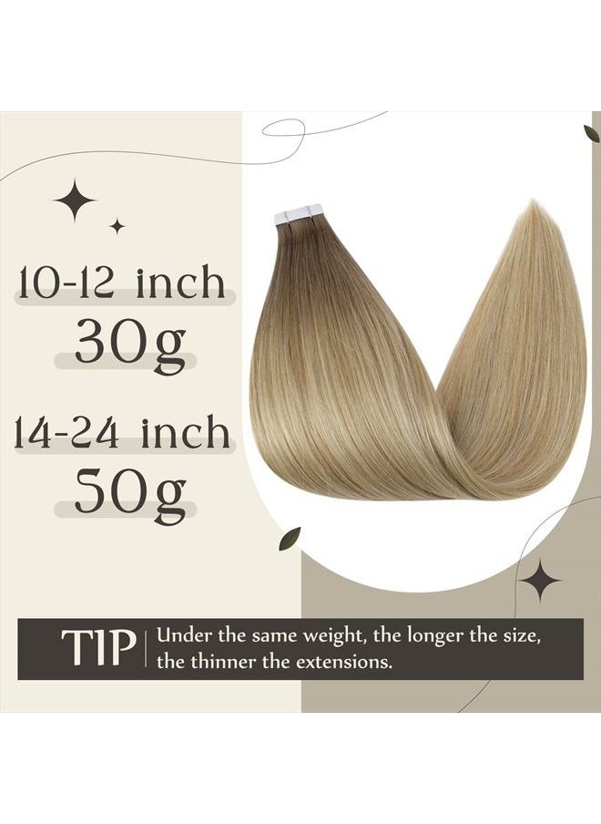 Full Shine Tape in Human Hair 6/27/60 Tape in Hair Extensions Real Human Hair Ombre Hair Extensions Tape in Balayage Remy Hair Glue on Hair Extensions forWomen 22 Inch 50 Gram 20pcs  - Image 3