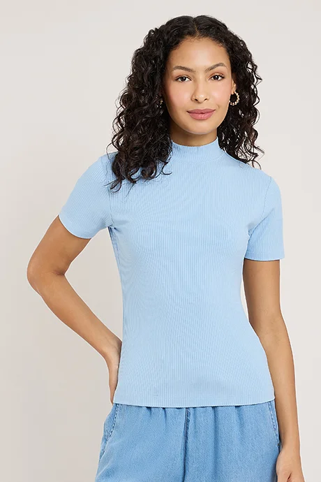 أر أند بي Ribbed Top with High Neck and Short Sleeves