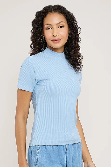 أر أند بي Ribbed Top with High Neck and Short Sleeves