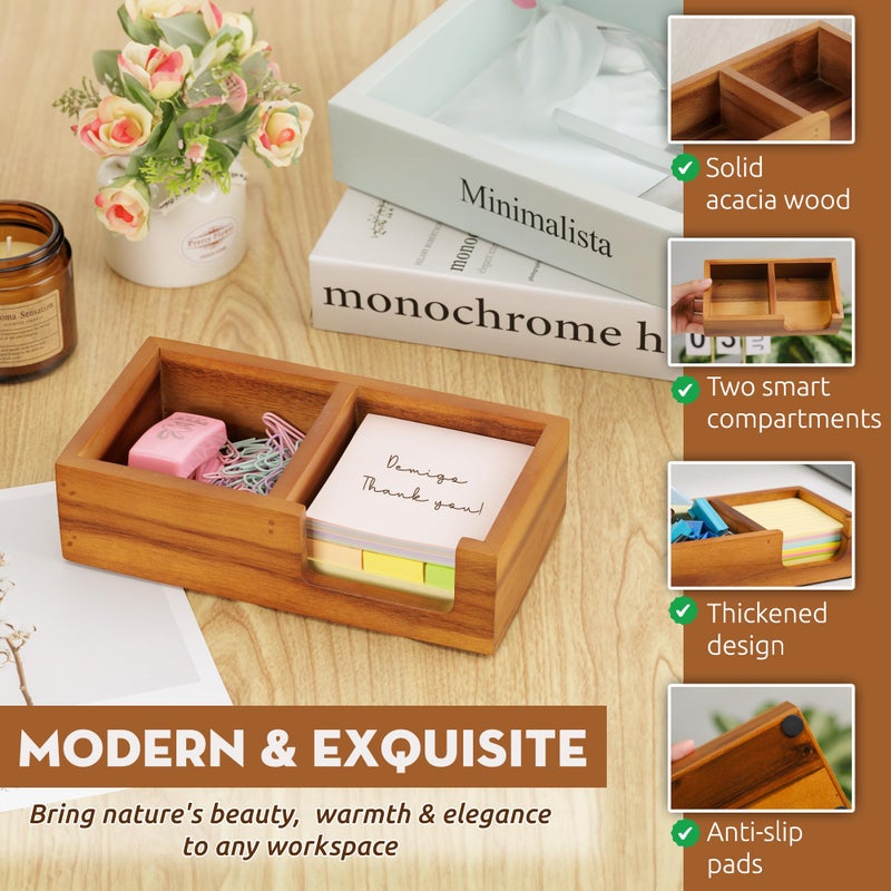Demigo Wooden Sticky Note Holder for Desk â€“ Solid Acacia Wood Organizer for 3x3 Note Pads, Paper Clips, Office Supplies â€“ Compact Memo Pad Holder for Home Office, Teachers - Image 3