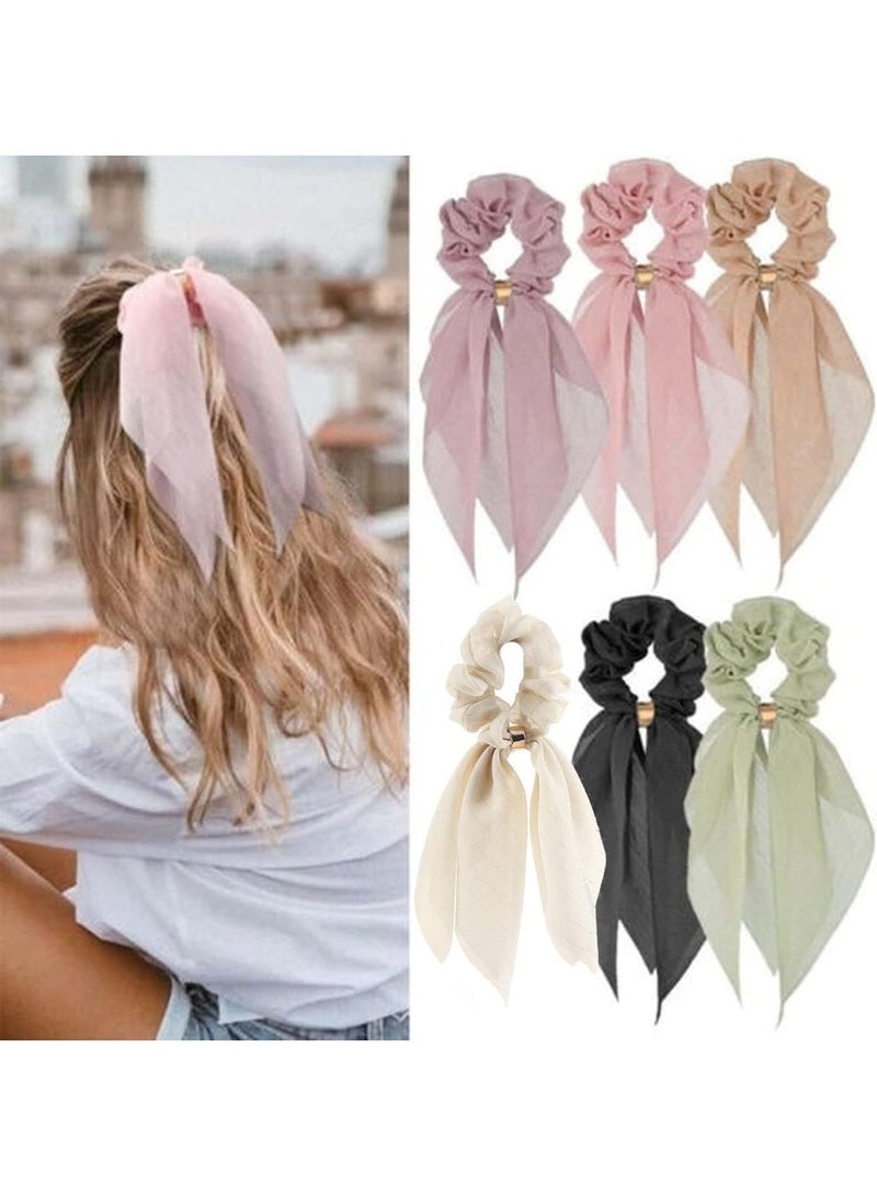 ChicAbode 6 Pcs Hair Scarf Scrunchies, Bow Scrunchies, Chiffon Scrunchie, Hair Bands, Soft Scarf Hair Ties, Bowknot Ponytail Holder, Bunny Ear Hair Ties, Elastic Hair Ribbons, for Women Girls - Image 1