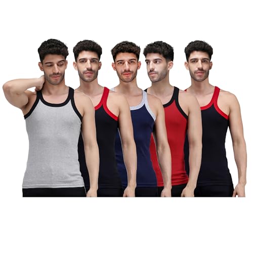 Amul Comfy Men’s Vest | 100% Pure Cotton Rib Fabric | U Neck Sleeveless Innerwear | Ultra Soft Hand Feel | Extremely Stretch Fit | Seamless Comfortable | Color May Vary | (Pack of 5) Multicolour - Image 1