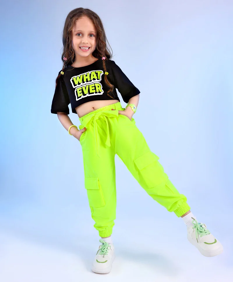 Ollington St. Ollington - St. 100% Cotton Knit Half Sleeves Crop Top and Joggers Set With Text Print - Black and Neon Green