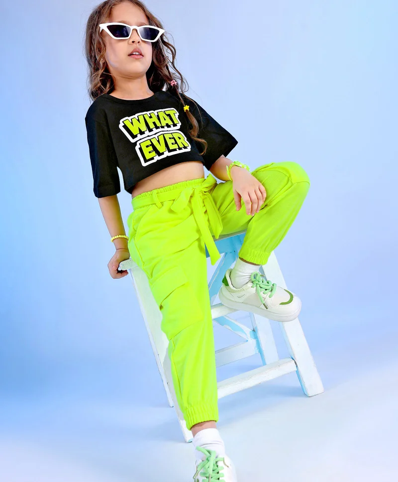 Ollington St. Ollington - St. 100% Cotton Knit Half Sleeves Crop Top and Joggers Set With Text Print - Black and Neon Green