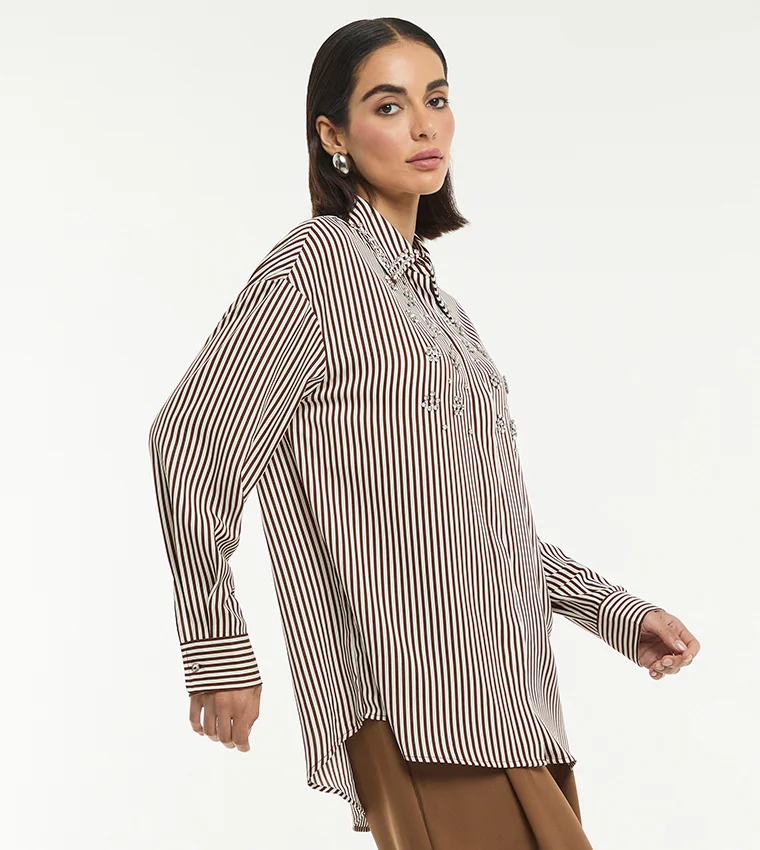 BCBG BCBG EMBELLISHED STRIPE POPLIN OVERSIZED SHIRT