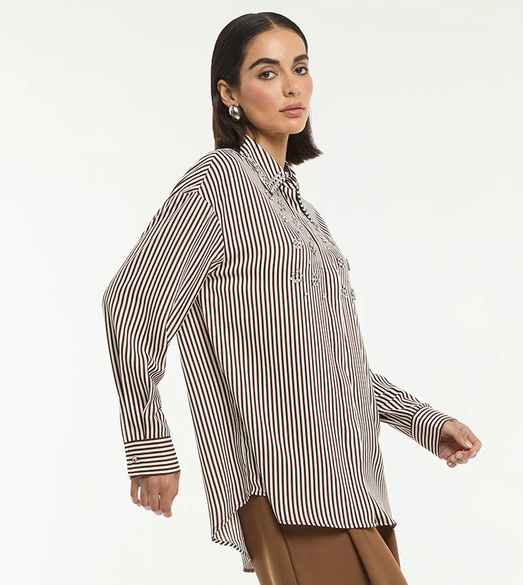 بي سي بي جي BCBG EMBELLISHED STRIPE POPLIN OVERSIZED SHIRT