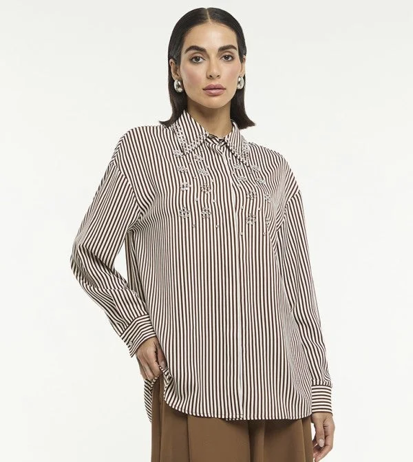 بي سي بي جي BCBG EMBELLISHED STRIPE POPLIN OVERSIZED SHIRT