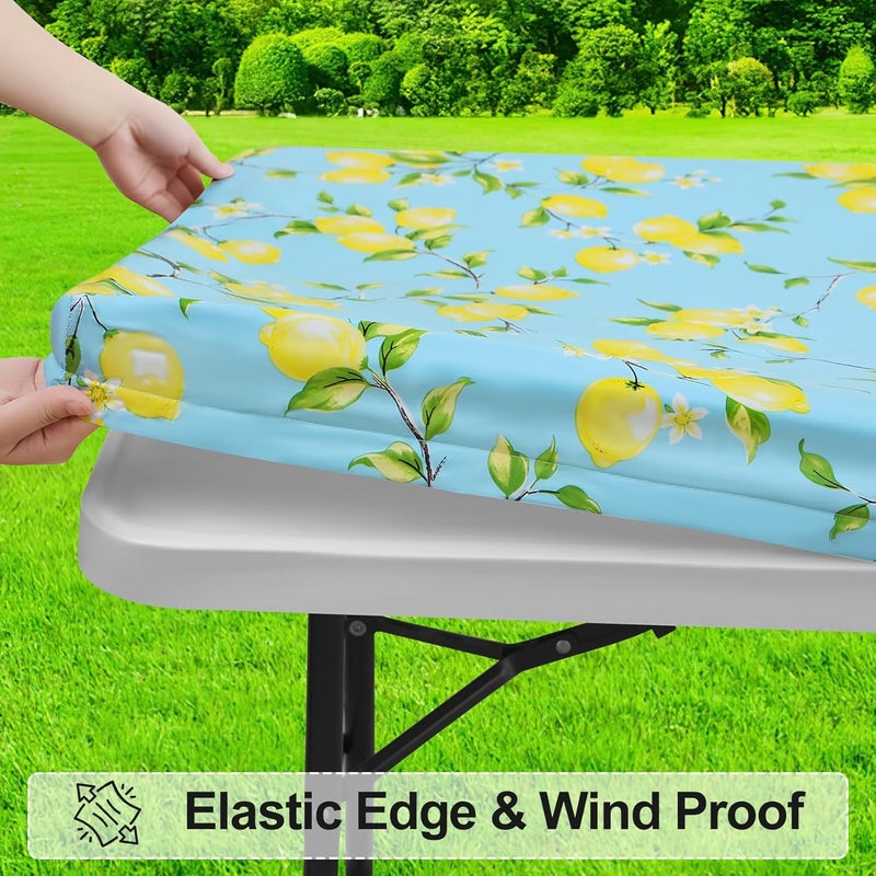 misaya Rectangle Vinyl Tablecloth, Fitted Table Cover, 100% Waterproof, Elastic Edge, Flannel Backing, Plastic Table Cloth Fit 5 Foot Folding Tables for Picnic, Camping, Outdoor (Lemon, 30x60 inch) - Image 2