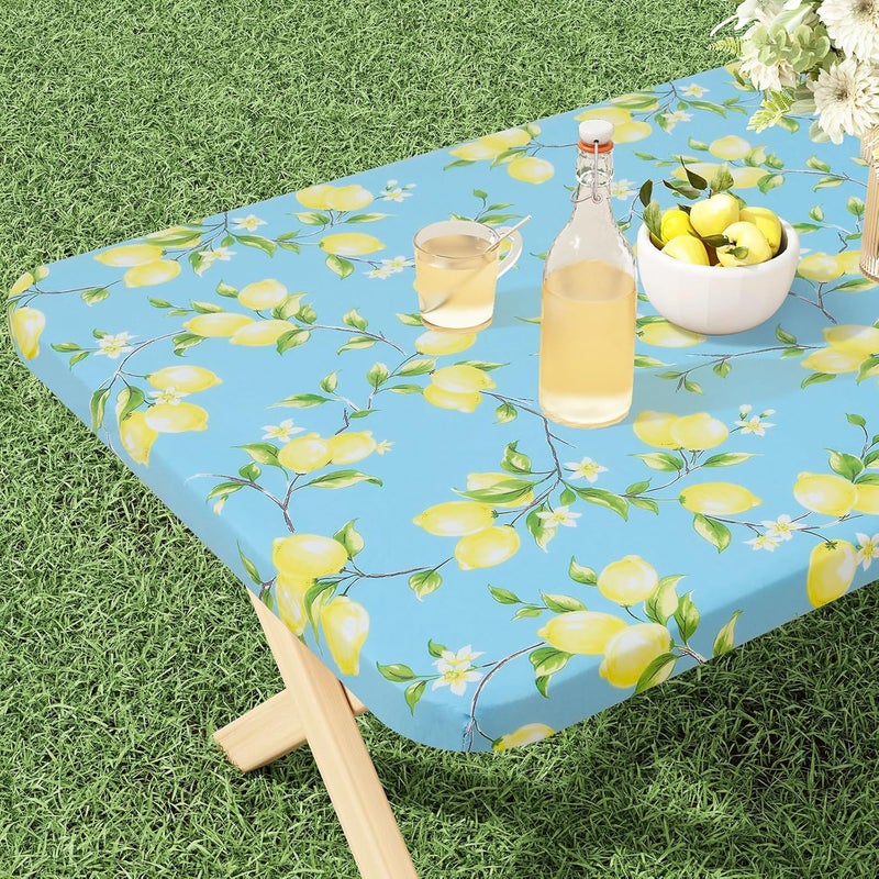 misaya Rectangle Vinyl Tablecloth, Fitted Table Cover, 100% Waterproof, Elastic Edge, Flannel Backing, Plastic Table Cloth Fit 5 Foot Folding Tables for Picnic, Camping, Outdoor (Lemon, 30x60 inch) - Image 1