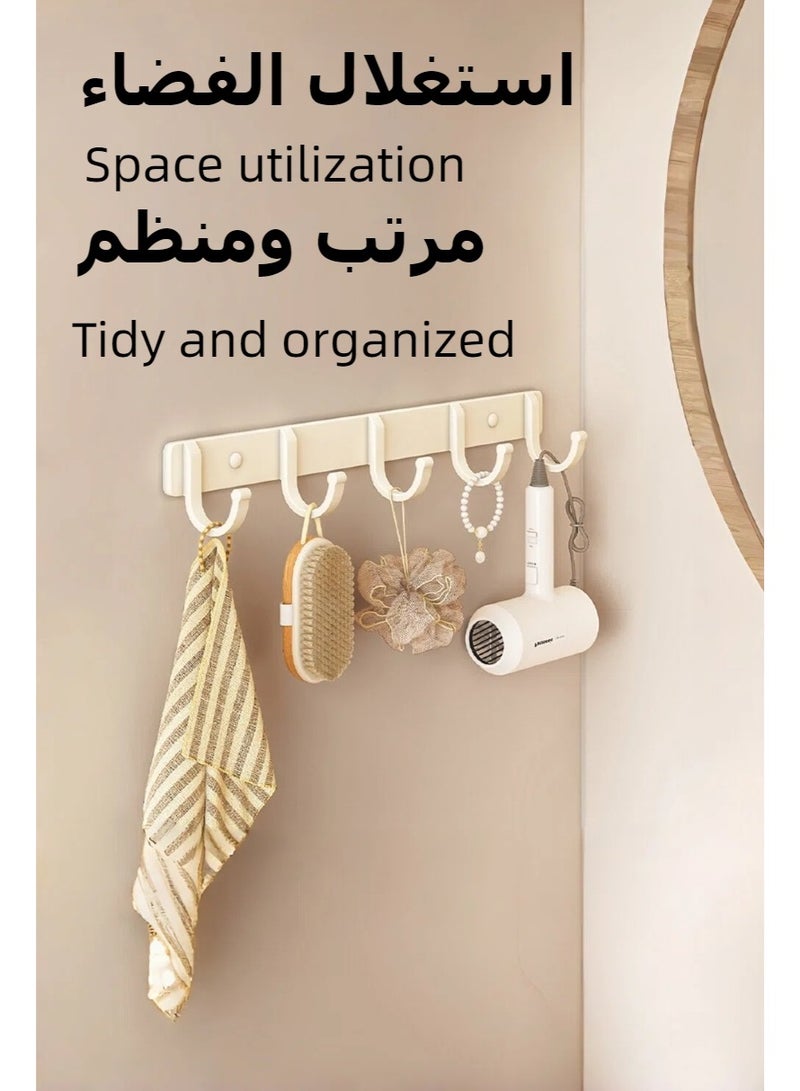 علاقة حائط مع 6 خطافات بيضاء، علاقة حائط مع خطافات، خطافات حمام غير مثقبة، تخزين غرفة النوم، منظم علاقة مناشف، رف حائط للمعاطف والمناشف مع 6 خطافات للأردية والحقائب والمفاتيح والمناشف للحمام - Image 1
