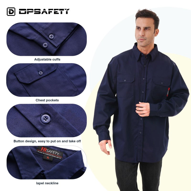 DPSAFETY FR Shirt 7oz Fire Resistant Shirts Men's,CAT2 Welding Shirt 100% Cotton Flame Resistant Shirts Navy (2X-Large) - Image 2