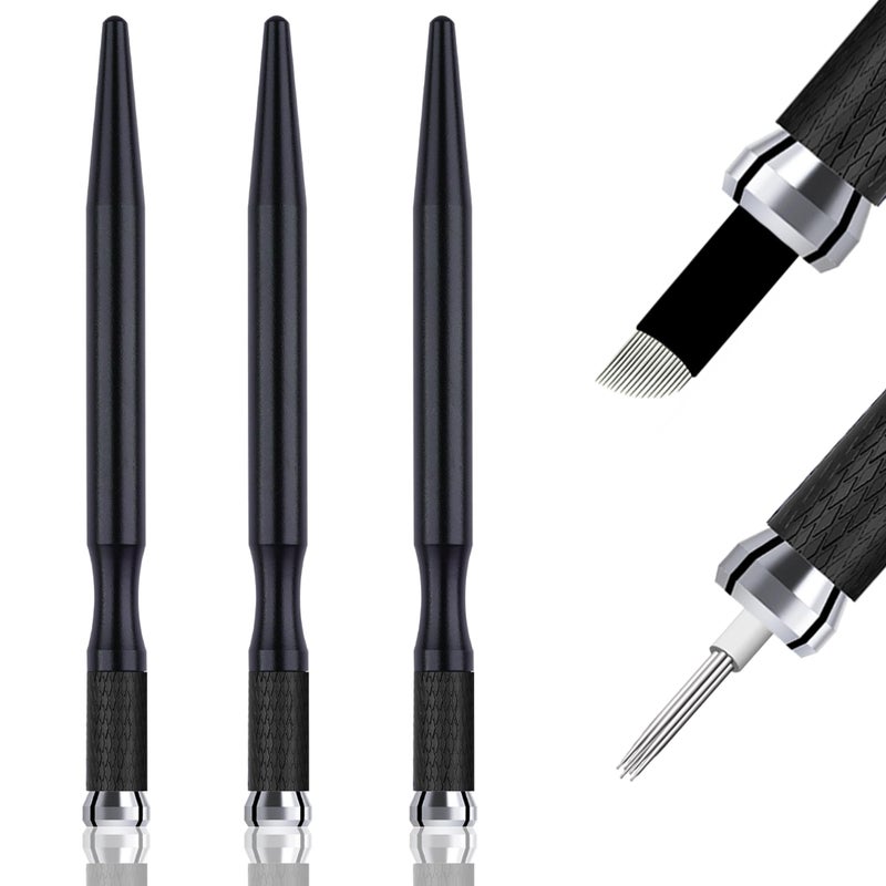 Kaiqikaixi Microblading Pens 3 Piece Black Dual Purpose Light Manual Tattoo Eyebrow Pens For Permanent Makeup Supplies Durable Aluminum Pen With Lock-Pin Tech+20Pcs Disposable Eyebrow Microblading Needles - Image 1