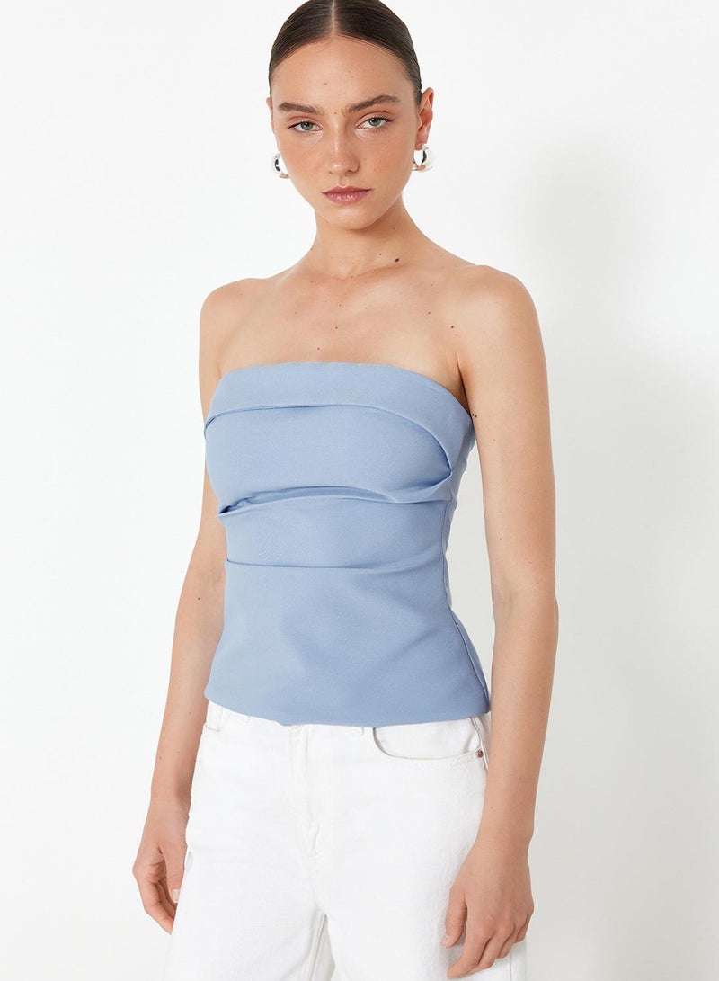 trendyol Light Blue Strapless Draped Blouse - TWOSS24BZ00348 - Image 2