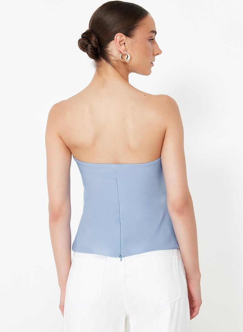 trendyol Light Blue Strapless Draped Blouse - TWOSS24BZ00348 - Image 4