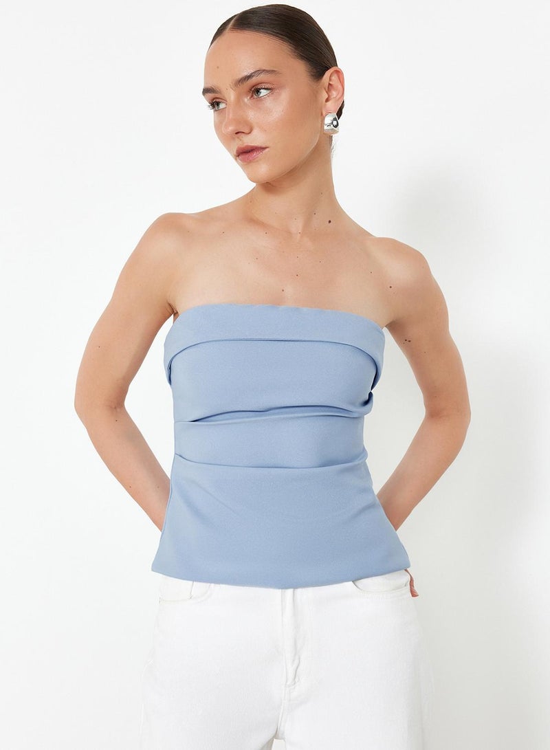 trendyol Light Blue Strapless Draped Blouse - TWOSS24BZ00348 - Image 3