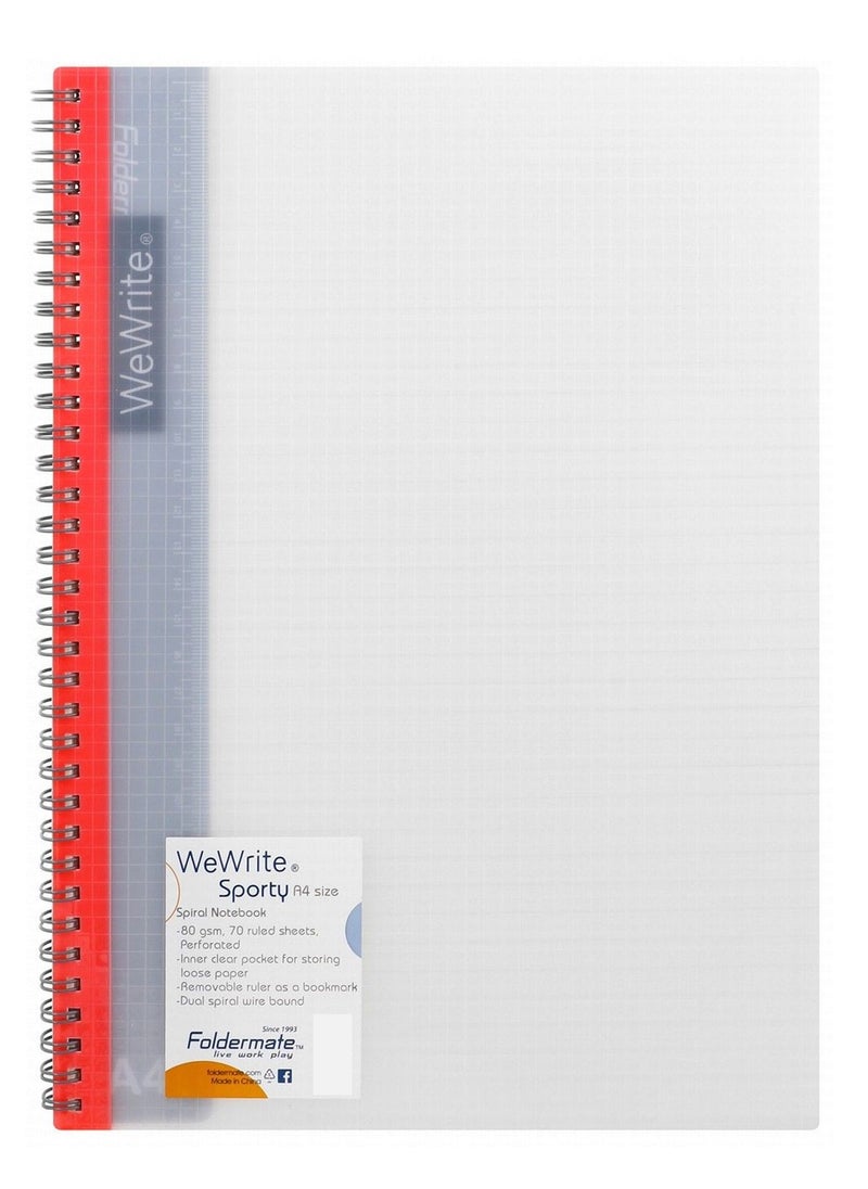 Foldermate WeWrite Sporty A4 White & Red Spiral Ruled Notebook with Ruler 