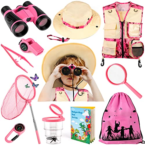 INNOCHEER Kids Explorer Kit & Bug Catcher Kit & Safari Costume Kit, Outdoor Exploration Set with Hat, Vest, Butterfly Net and Bugs Book for Boys Girls 3-12 Years Old (Camouflage Pink) - Image 1