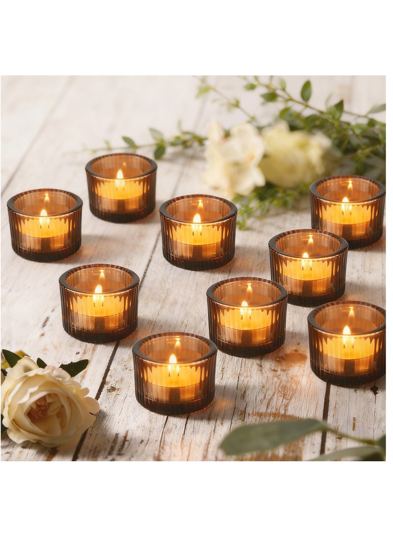 SKYLINK 12 Pack Amber Glass Votive Candle Holders, Thick Ribbed Glass Tealight Holders for Weddings, Home Décor, Parties, Spa, Table Centerpieces - Image 1