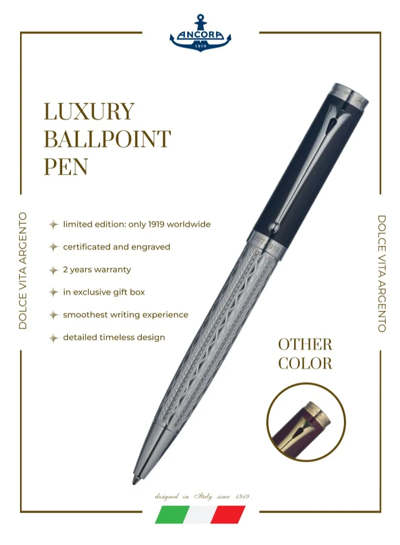 Ancora 1919 Dolce Vita Argento Limited 1919 Edition Refillable Ballpoint Pen - Engraved Luxury Pen with Leather Box - Gift for Men & Women - Blue Ink