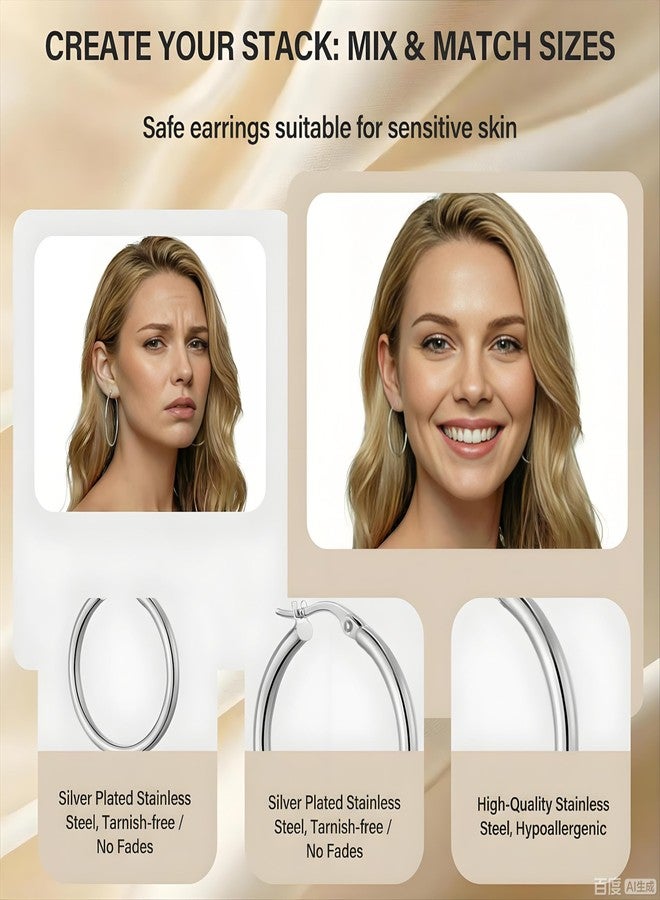 JANCAN 4 Pairs Silver Gold Hoop Earrings for Women,30/40/50/60 mm Stainless Steel 14K Silver Gold Plated Loop Earrings for Women Hypoallergenic Fashionable Lightweight Big Women Earrings Loop Earrings Set - Image 3