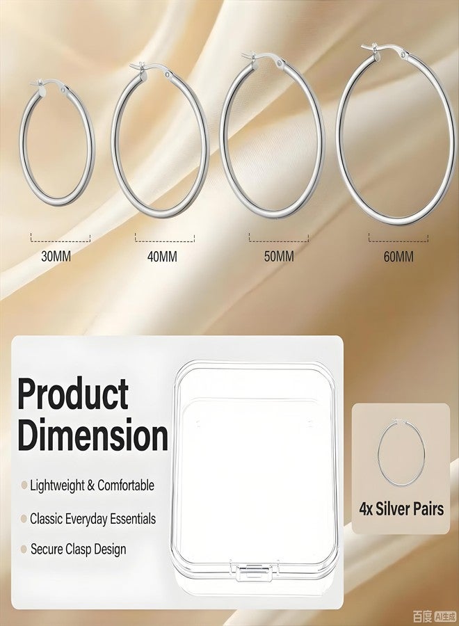 JANCAN 4 Pairs Silver Gold Hoop Earrings for Women,30/40/50/60 mm Stainless Steel 14K Silver Gold Plated Loop Earrings for Women Hypoallergenic Fashionable Lightweight Big Women Earrings Loop Earrings Set - Image 4