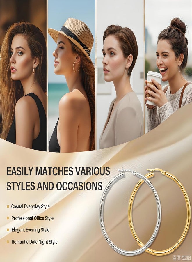 JANCAN 4 Pairs Silver Gold Hoop Earrings for Women,30/40/50/60 mm Stainless Steel 14K Silver Gold Plated Loop Earrings for Women Hypoallergenic Fashionable Lightweight Big Women Earrings Loop Earrings Set - Image 5